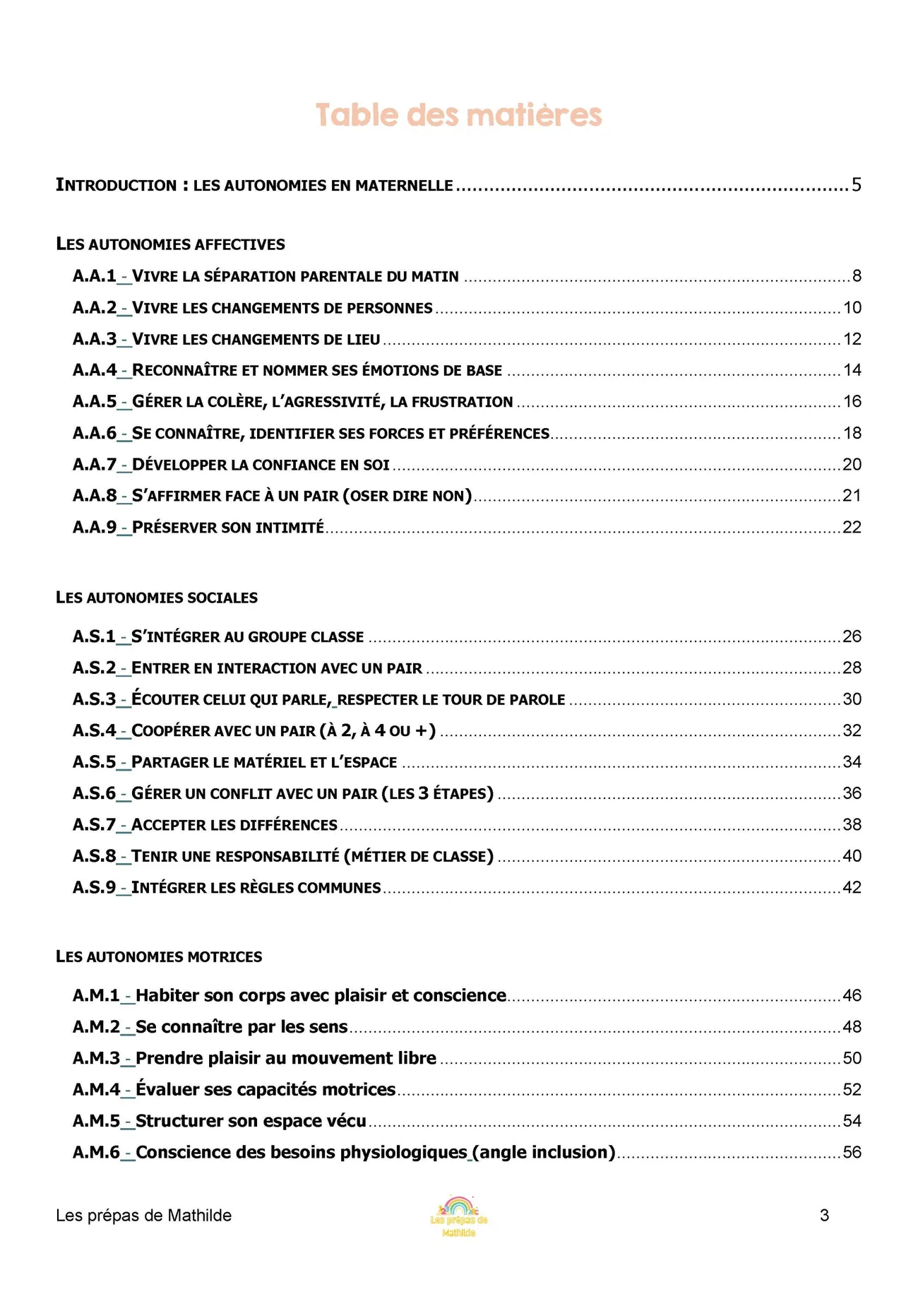 La table des matières du dossier Les autonomies en maternelle