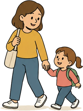 Une adulte accompagne un enfant à l'école